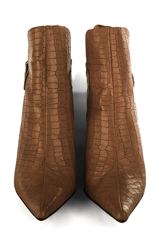 Caramel brown women's ankle boots with buckles at the back. Pointed toe. High block heels. Top view - Florence KOOIJMAN